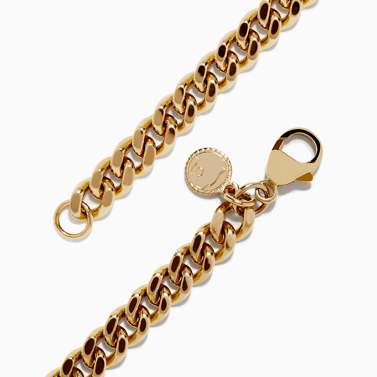 The Mens 14K Yellow Gold Chain Bracelet 8.25 features a chunky curb link design and a small round charm near the clasp, shown against a white background.