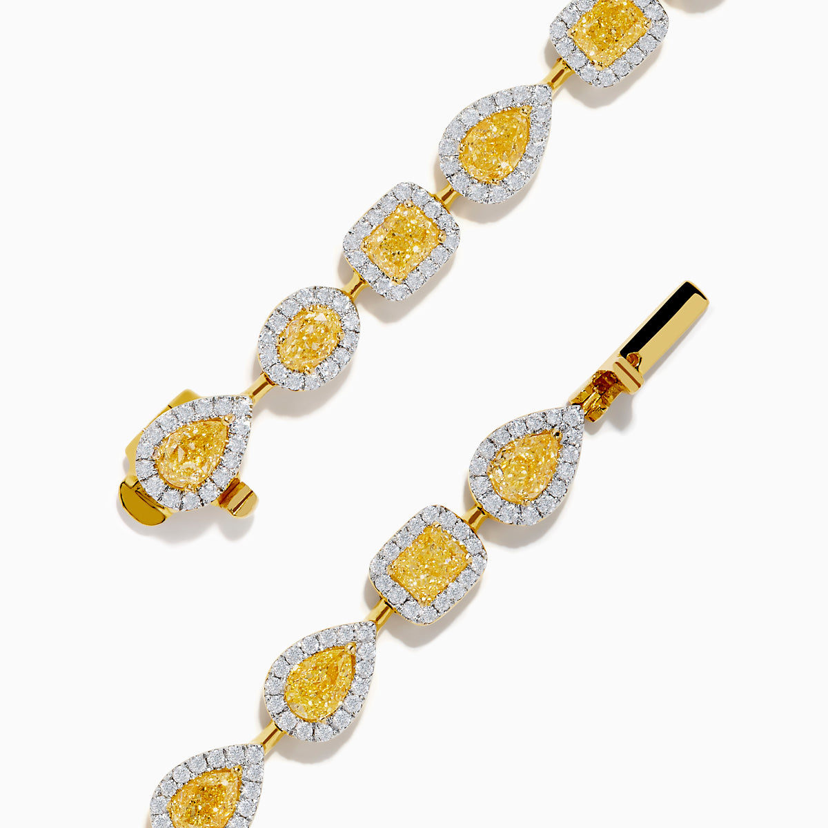 The Canare 18K Yellow Gold Yellow and White Diamond Bracelet features alternating teardrop and oval links with yellow gemstones accented by white diamonds, shown on a white background.