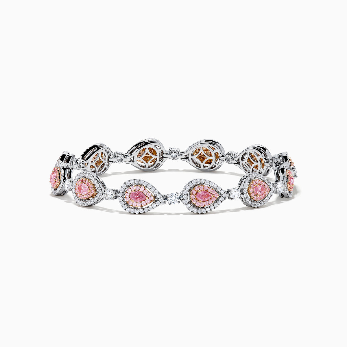 The 18K Two-Tone Gold Pink and White Diamond Tennis Bracelet features alternating teardrop-shaped settings with pink and white diamonds accented by small clear stones, shown on a white background.