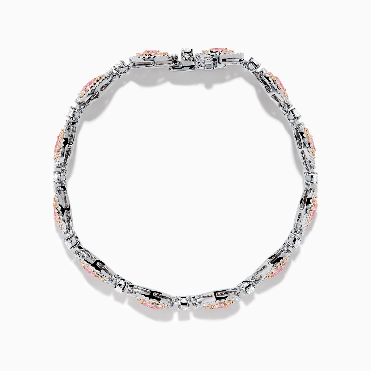 The 18K Two-Tone Gold Pink and White Diamond Tennis Bracelet features alternating teardrop-shaped settings with pink and white diamonds accented by small clear stones, shown on a white background.