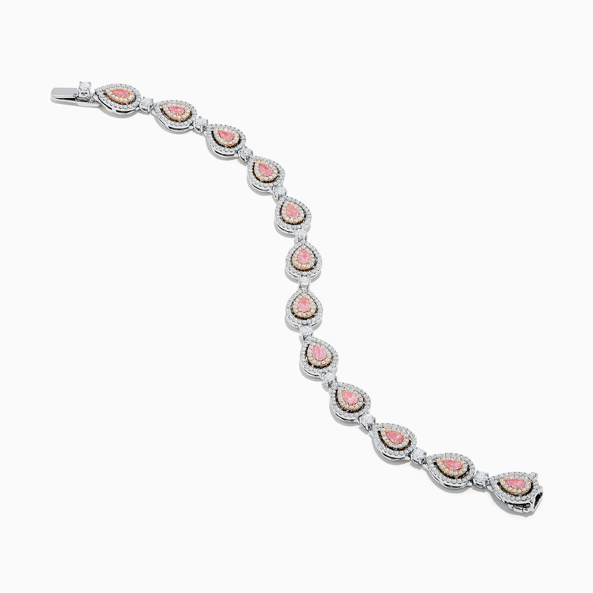 The 18K Two-Tone Gold Pink and White Diamond Tennis Bracelet features alternating teardrop-shaped settings with pink and white diamonds accented by small clear stones, shown on a white background.