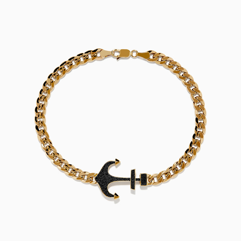 This Mens 14K Yellow Gold Black Diamond Anchor Chain Bracelet features a black anchor-shaped centerpiece accented with black diamond-like stones and a secure clasp.