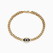 The Mens 14K Yellow Gold Black and White Diamond Evil Eye Chain Bracelet 8.75 displays an eye-shaped charm set with black and white diamonds, shown on a plain white background.