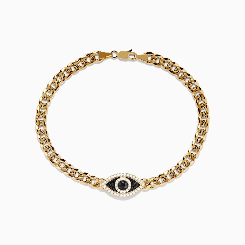 The Mens 14K Yellow Gold Black and White Diamond Evil Eye Chain Bracelet 8.75 displays an eye-shaped charm set with black and white diamonds, shown on a plain white background.