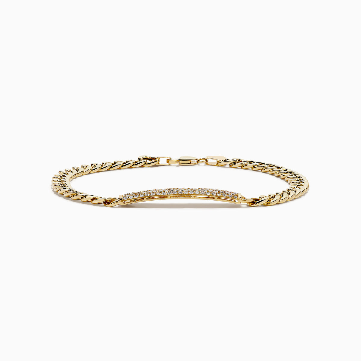 The Men's 14K Yellow Gold and Diamond Cuban Link Chain Bracelet features thick curb-style links and a diamond-encrusted rectangular plate, secured with a lobster clasp for timeless luxury.