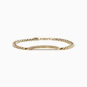 The Men's 14K Yellow Gold and Diamond Cuban Link Chain Bracelet features thick curb-style links and a diamond-encrusted rectangular plate, secured with a lobster clasp for timeless luxury.