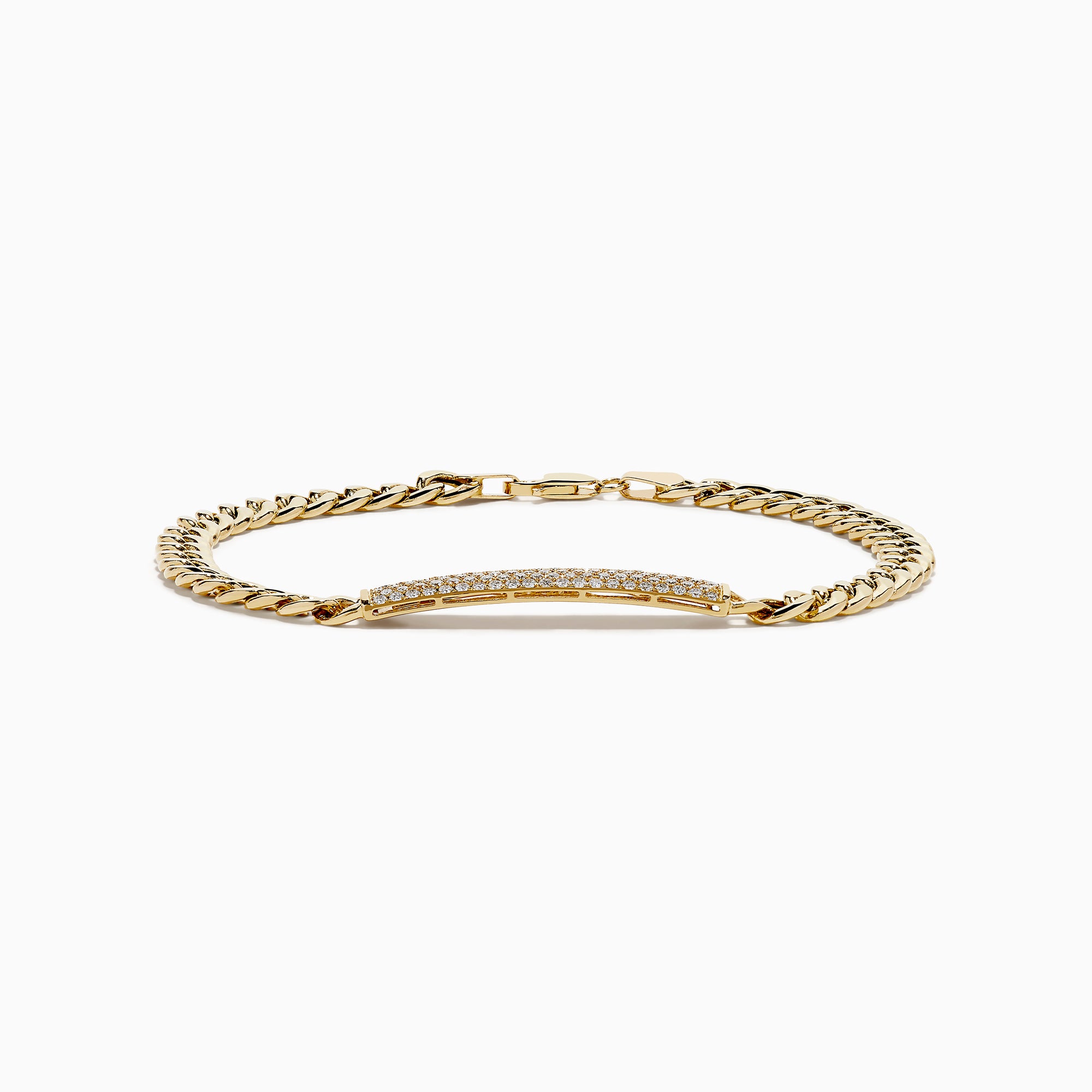 The Men's 14K Yellow Gold and Diamond Cuban Link Chain Bracelet features thick curb-style links and a diamond-encrusted rectangular plate, secured with a lobster clasp for timeless luxury.
