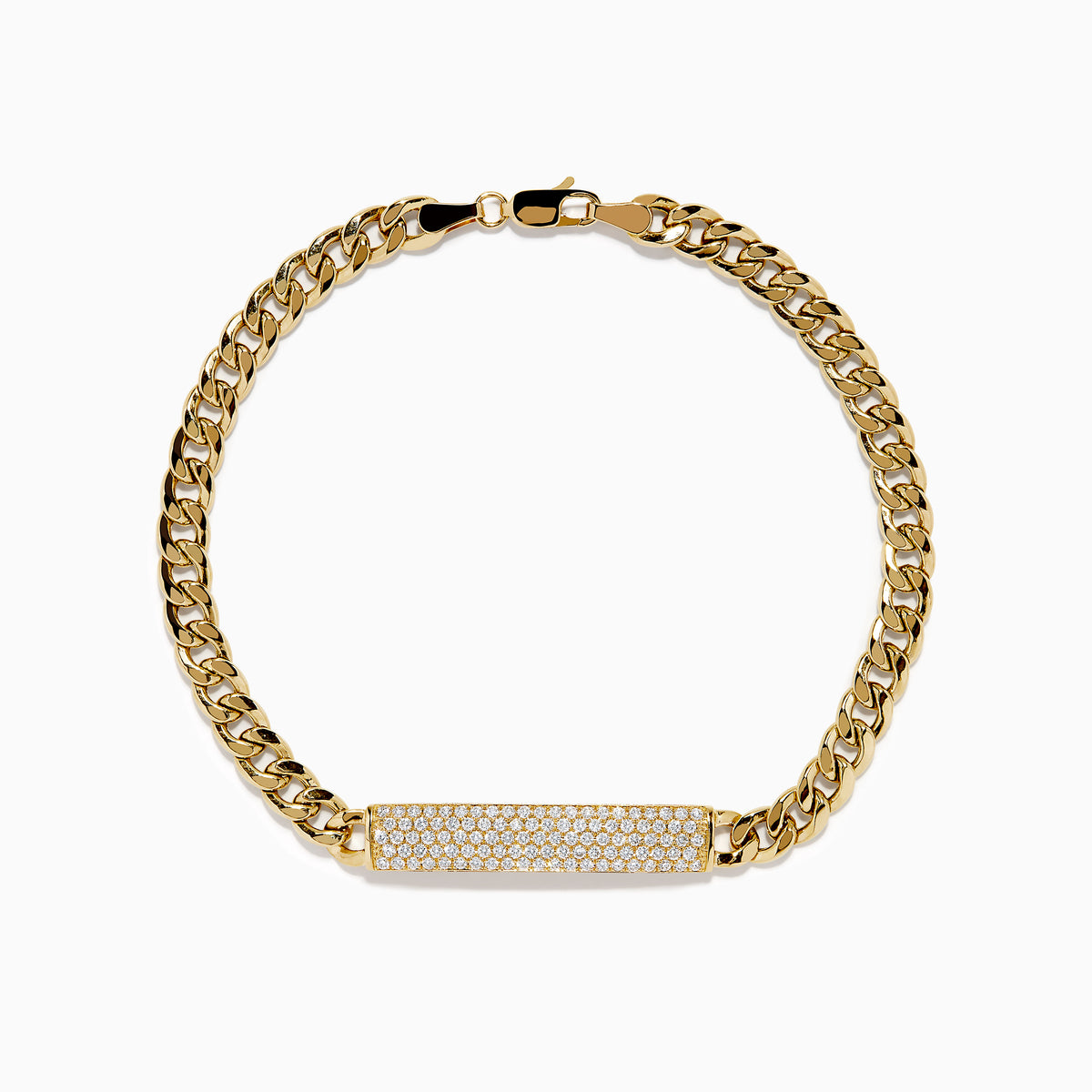 The Men's 14K Yellow Gold and Diamond Cuban Link Chain Bracelet features thick curb-style links and a diamond-encrusted rectangular plate, secured with a lobster clasp for timeless luxury.