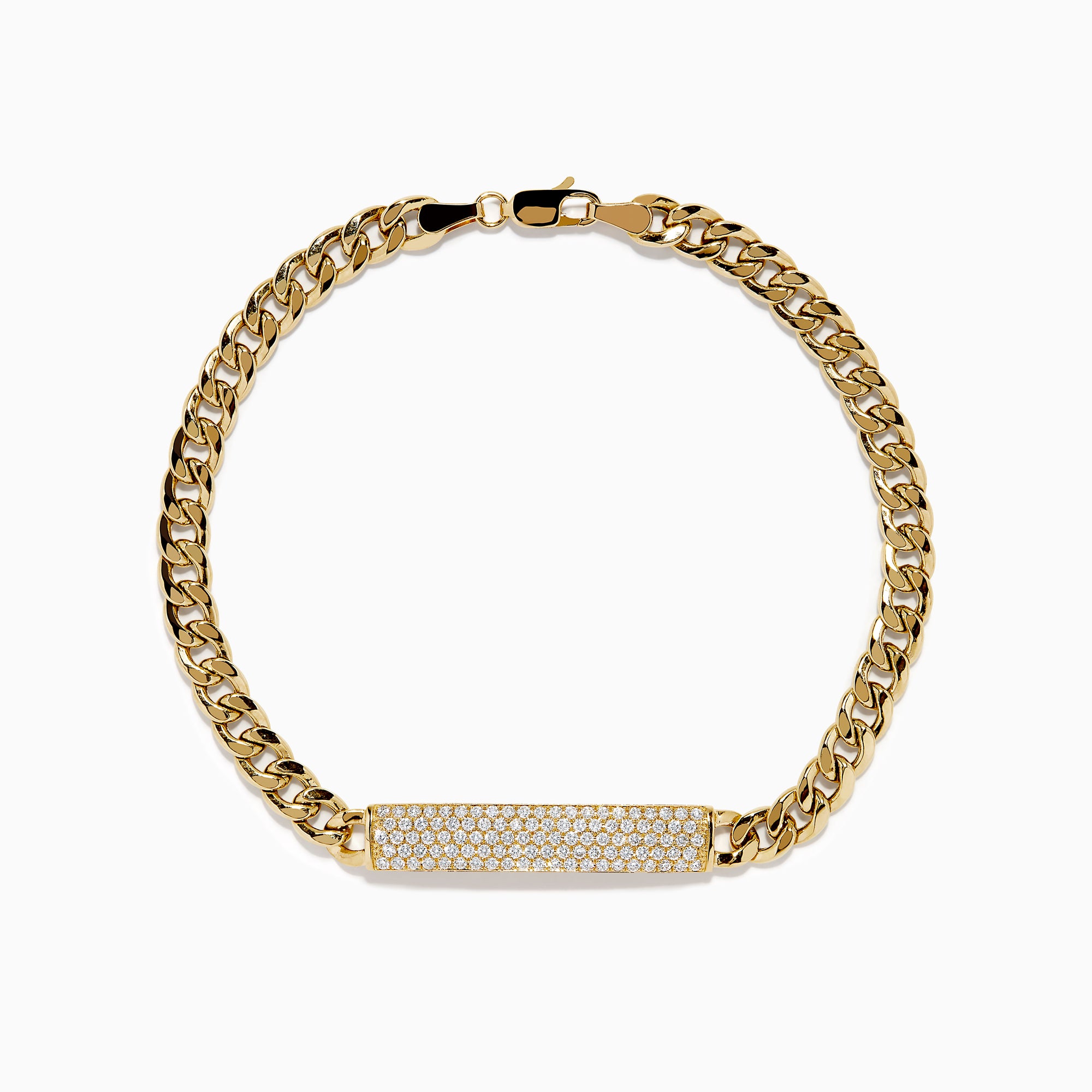 The Men's 14K Yellow Gold and Diamond Cuban Link Chain Bracelet features thick curb-style links and a diamond-encrusted rectangular plate, secured with a lobster clasp for timeless luxury.
