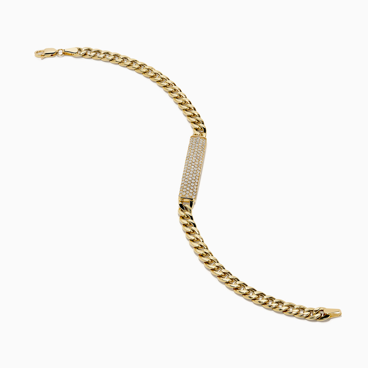 The Men's 14K Yellow Gold and Diamond Cuban Link Chain Bracelet features thick curb-style links and a diamond-encrusted rectangular plate, secured with a lobster clasp for timeless luxury.