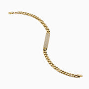 The Men's 14K Yellow Gold and Diamond Cuban Link Chain Bracelet features thick curb-style links and a diamond-encrusted rectangular plate, secured with a lobster clasp for timeless luxury.