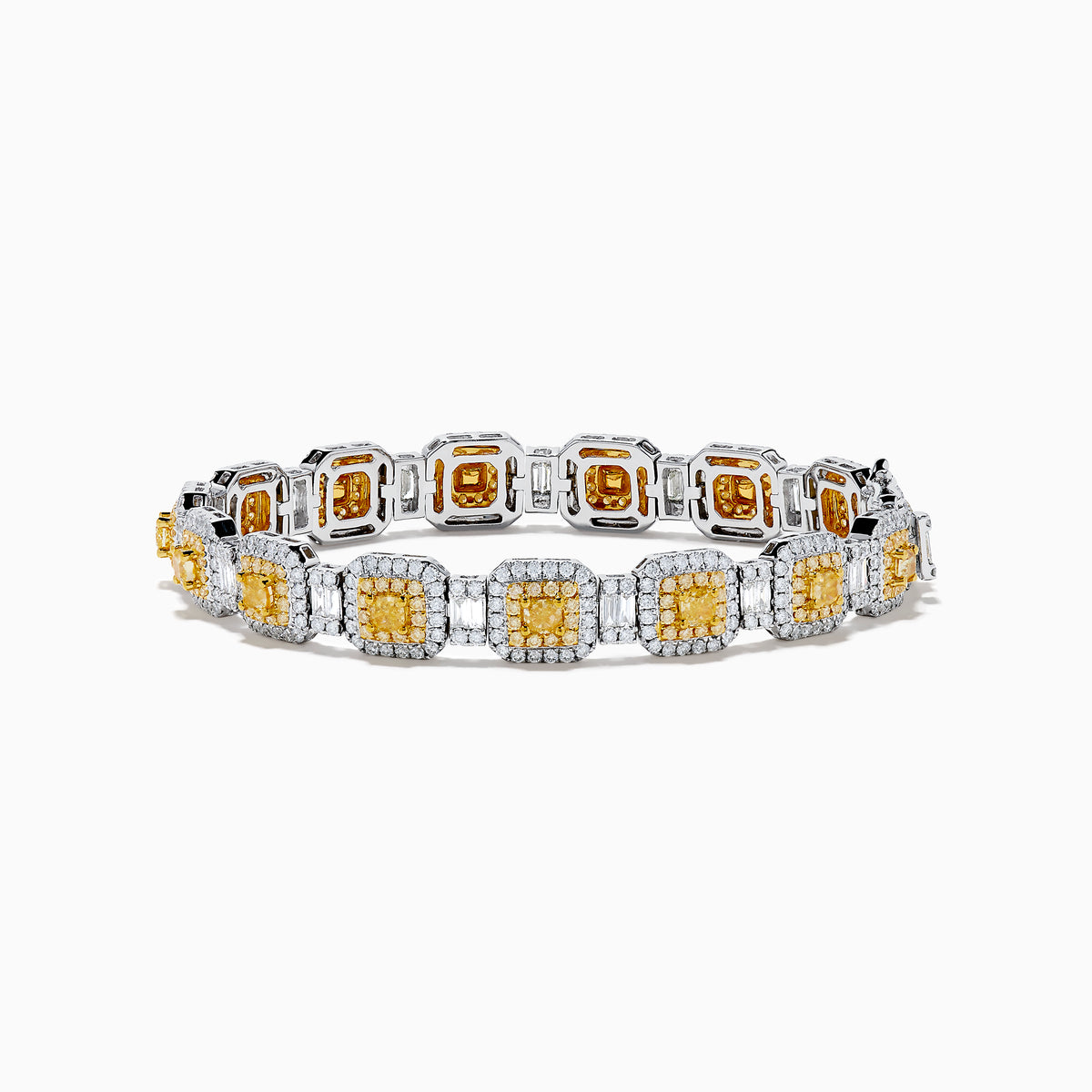 The Canare 18K Two Tone Gold White & Yellow Diamond Gold Bracelet showcases square links with clusters of white and yellow diamonds, offering a geometric and elegant design.