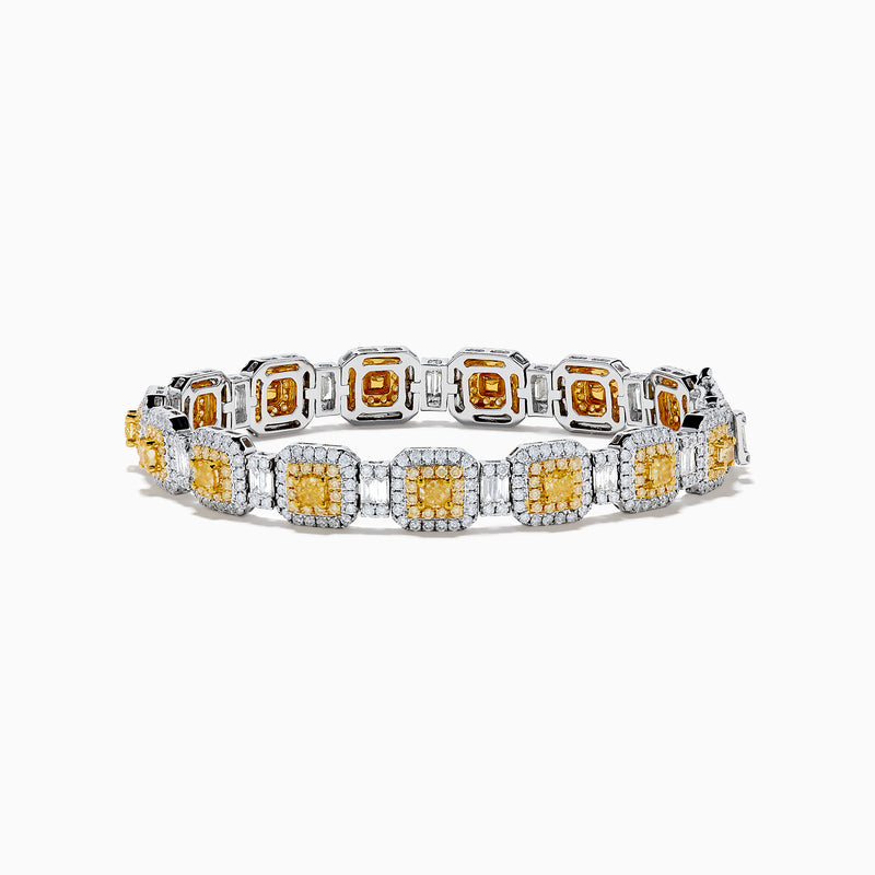 The Canare 18K Two Tone Gold White & Yellow Diamond Gold Bracelet showcases square links with clusters of white and yellow diamonds, offering a geometric and elegant design.