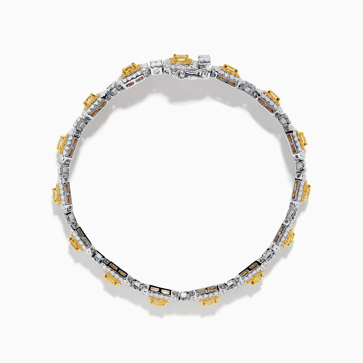 The Canare 18K Two Tone Gold White & Yellow Diamond Gold Bracelet showcases square links with clusters of white and yellow diamonds, offering a geometric and elegant design.