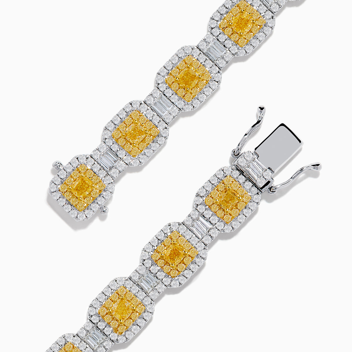 The Canare 18K Two Tone Gold White & Yellow Diamond Gold Bracelet showcases square links with clusters of white and yellow diamonds, offering a geometric and elegant design.