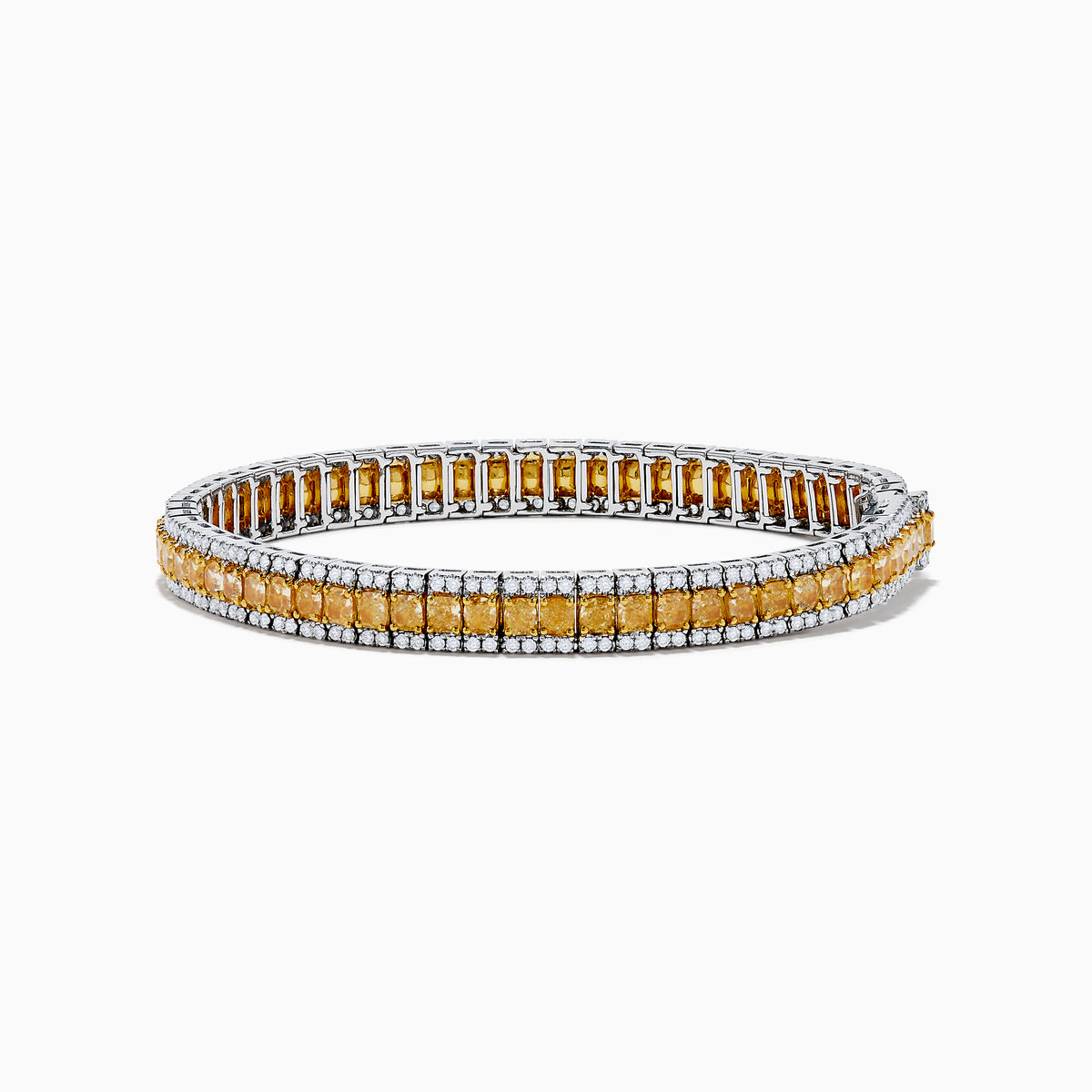The Canare 18K Two Tone Gold White & Yellow Diamond Bracelet, showcasing a central row of yellow diamonds bordered by clear stones, is elegantly displayed on a white background.