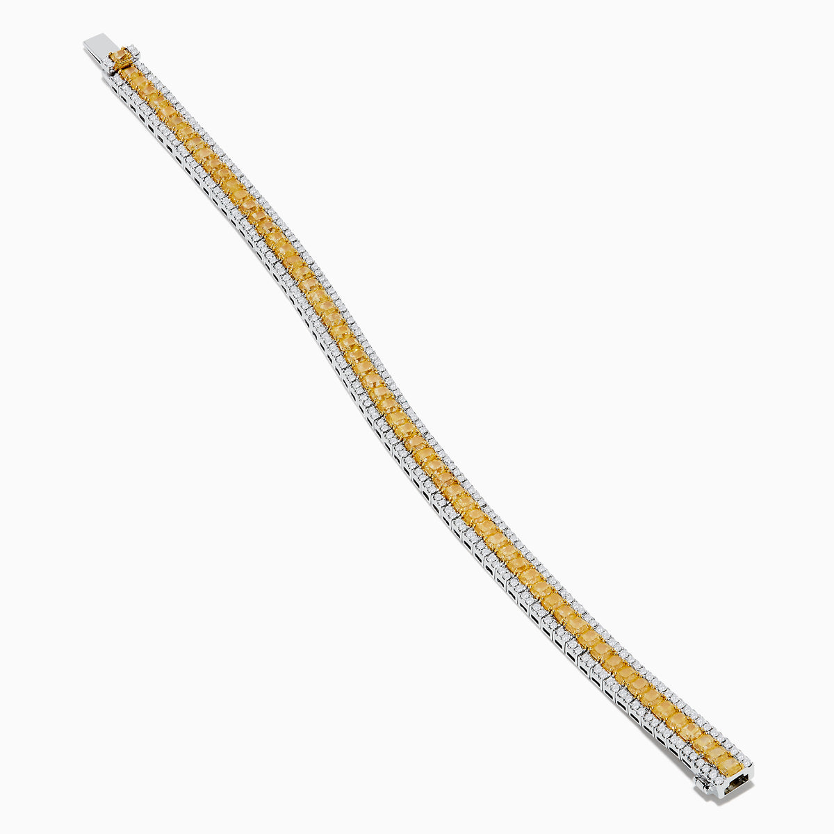 The Canare 18K Two Tone Gold White & Yellow Diamond Bracelet, showcasing a central row of yellow diamonds bordered by clear stones, is elegantly displayed on a white background.