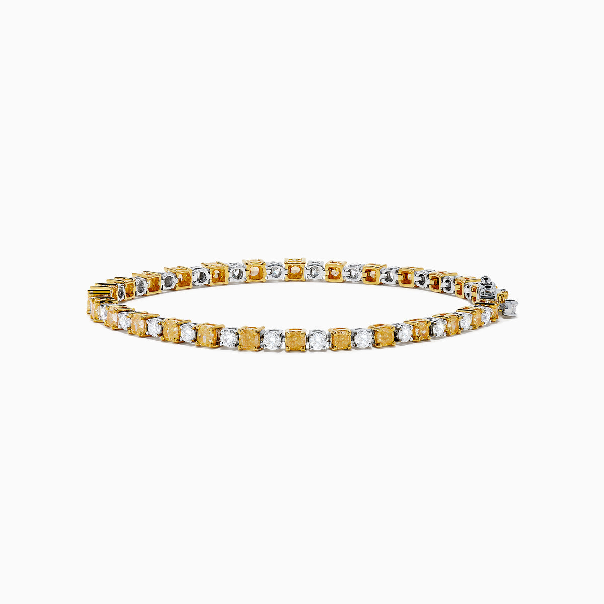 The Canare 18K White and Yellow Gold Diamond Tennis Bracelet features alternating white and yellow diamonds, elegantly displayed in a circular shape on a white background.