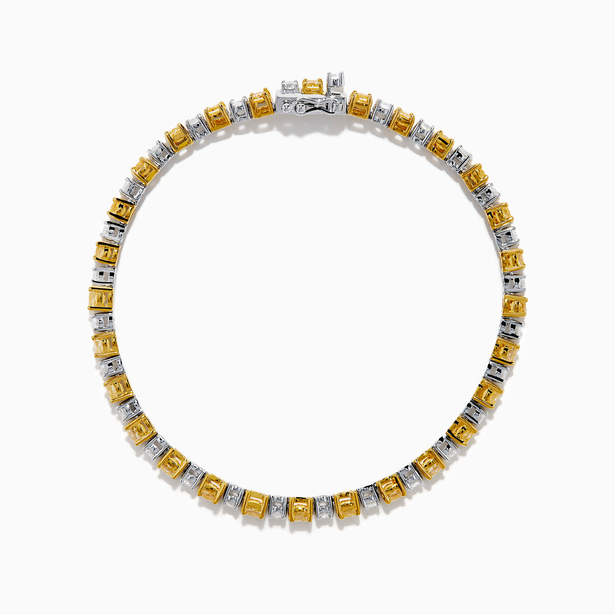 The Canare 18K White and Yellow Gold Diamond Tennis Bracelet features alternating white and yellow diamonds, elegantly displayed in a circular shape on a white background.