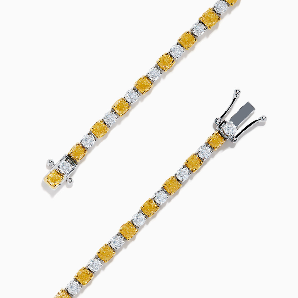 The Canare 18K White and Yellow Gold Diamond Tennis Bracelet features alternating white and yellow diamonds, elegantly displayed in a circular shape on a white background.