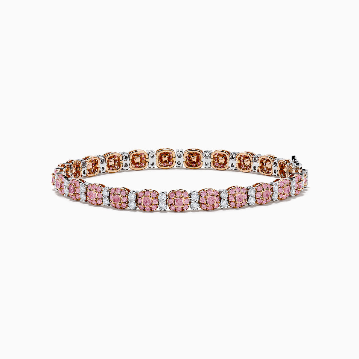 The 18K Two Tone White & Pink Diamond Bracelet features alternating clusters of pink and white diamonds in a repeating pattern around the entire band, beautifully set against a white background.