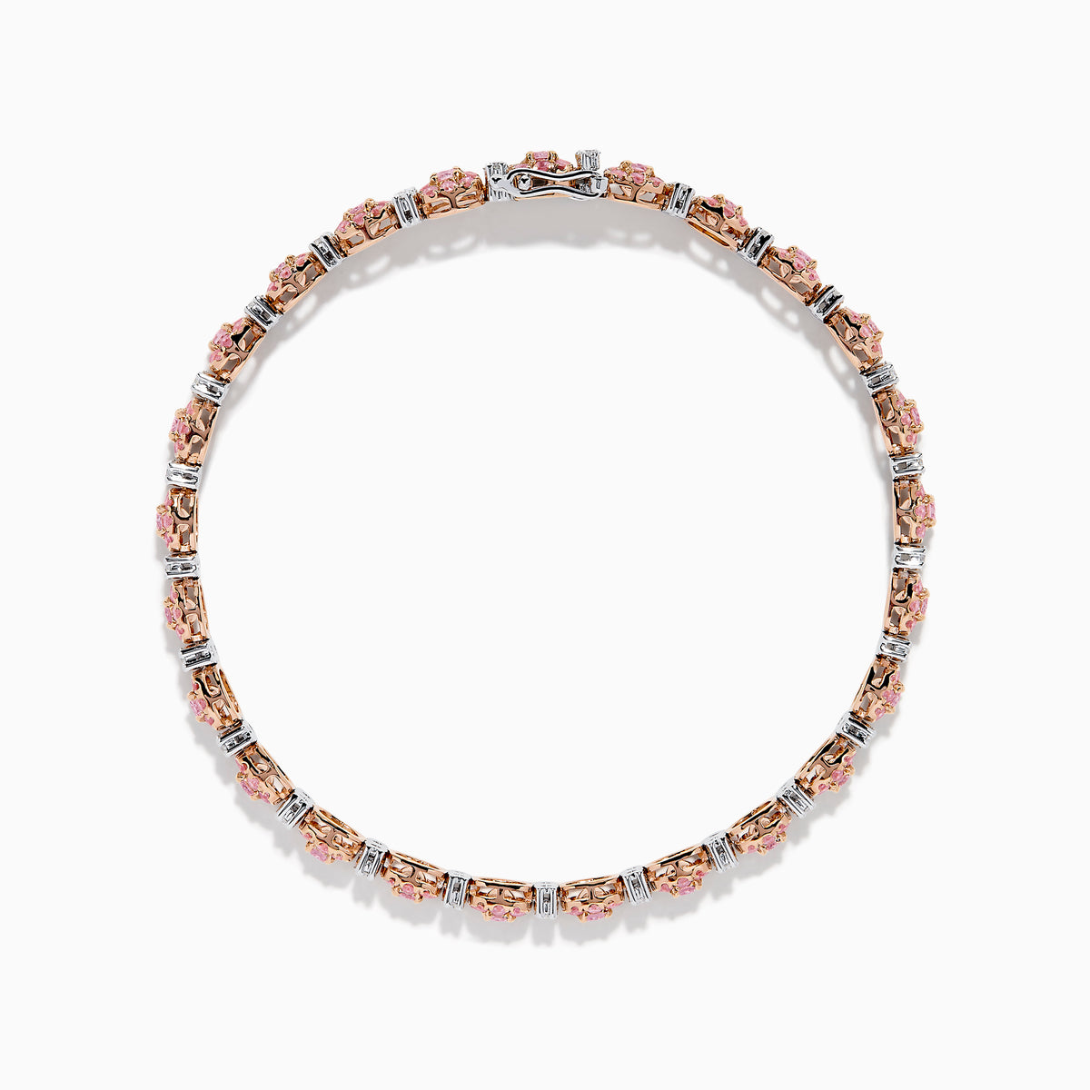 The 18K Two Tone White & Pink Diamond Bracelet features alternating clusters of pink and white diamonds in a repeating pattern around the entire band, beautifully set against a white background.
