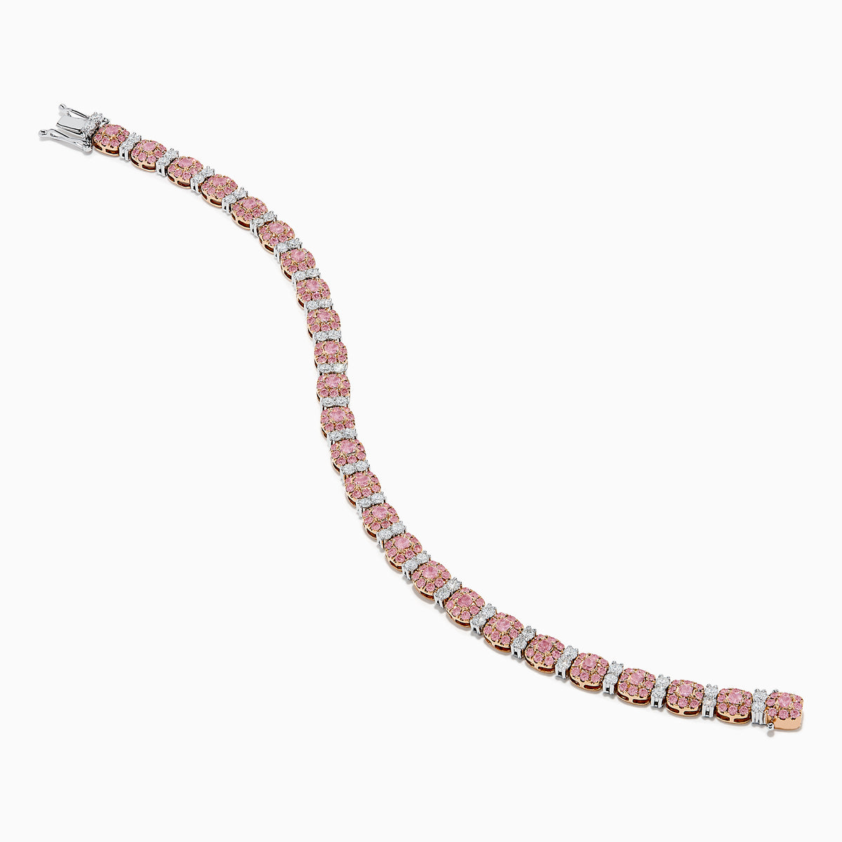 The 18K Two Tone White & Pink Diamond Bracelet features alternating clusters of pink and white diamonds in a repeating pattern around the entire band, beautifully set against a white background.