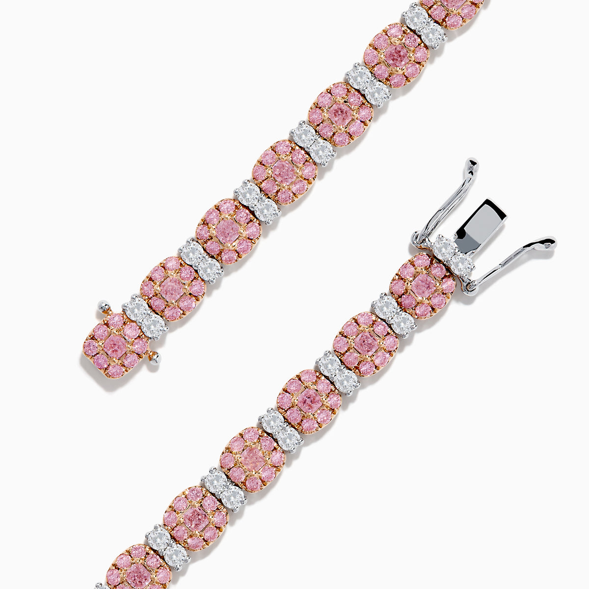 The 18K Two Tone White & Pink Diamond Bracelet features alternating clusters of pink and white diamonds in a repeating pattern around the entire band, beautifully set against a white background.