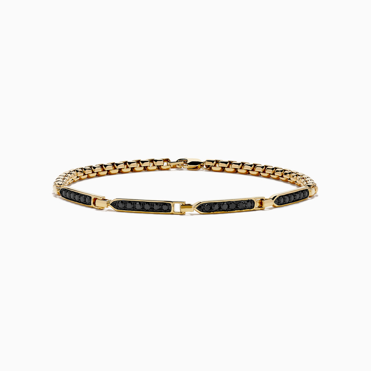 The Men’s 14K Yellow Gold Black Diamond Bracelet features rectangular links set with small black diamonds, forming a sleek and elegant circular design, displayed on a plain white background.