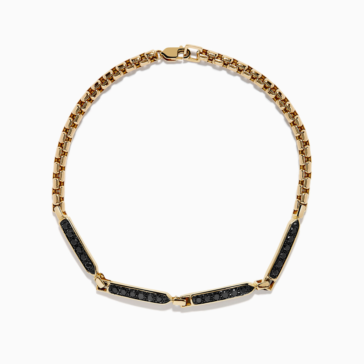 The Men’s 14K Yellow Gold Black Diamond Bracelet features rectangular links set with small black diamonds, forming a sleek and elegant circular design, displayed on a plain white background.