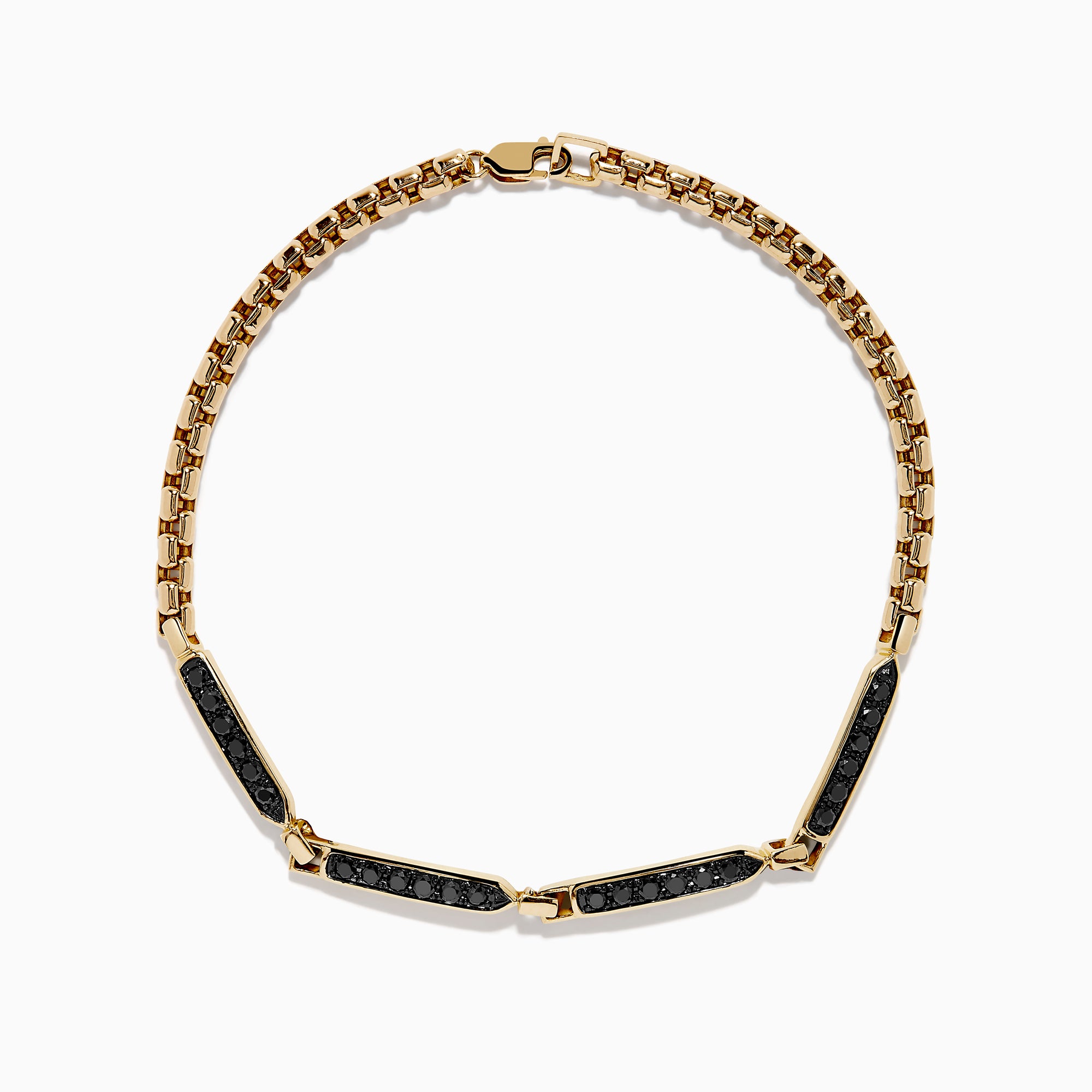 The Men’s 14K Yellow Gold Black Diamond Bracelet features rectangular links set with small black diamonds, forming a sleek and elegant circular design, displayed on a plain white background.