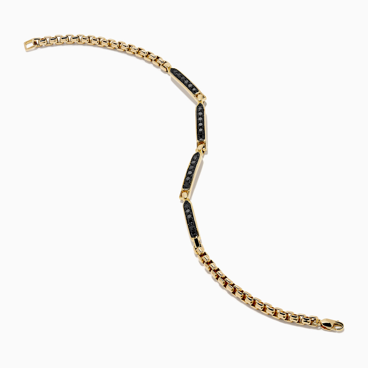 The Men’s 14K Yellow Gold Black Diamond Bracelet features rectangular links set with small black diamonds, forming a sleek and elegant circular design, displayed on a plain white background.