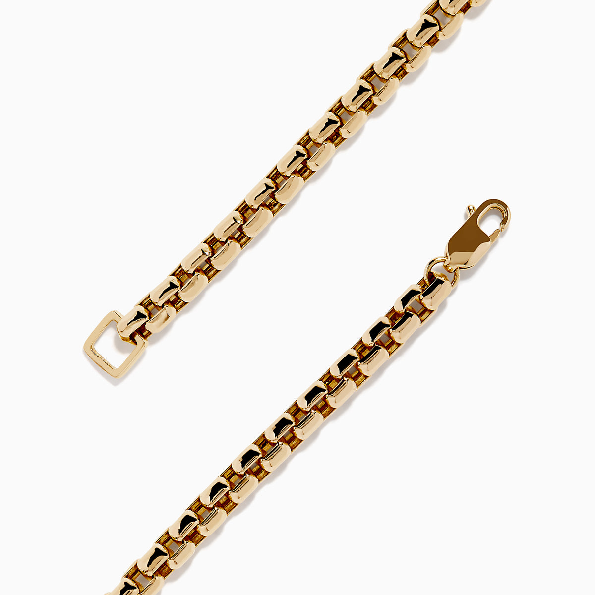 The Men’s 14K Yellow Gold Black Diamond Bracelet features rectangular links set with small black diamonds, forming a sleek and elegant circular design, displayed on a plain white background.