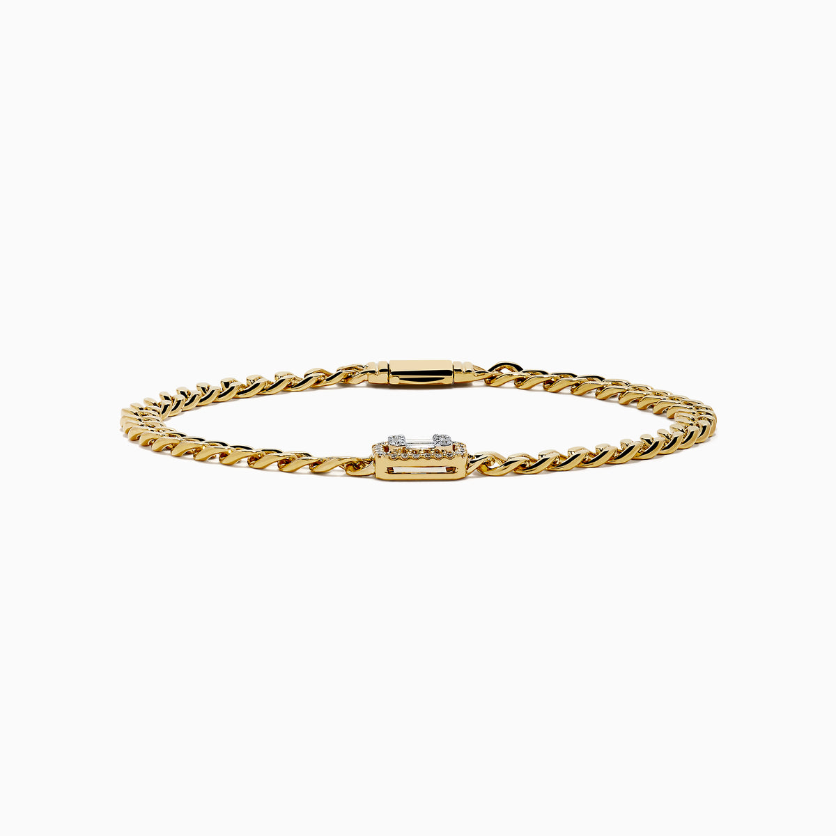 The D'Oro 14K Yellow Gold Diamond Bracelet features a rectangular diamond-accented centerpiece on a gold chain, bordered with additional gems and secured by a sleek cylindrical clasp.