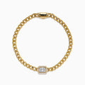 The D'Oro 14K Yellow Gold Diamond Bracelet features a rectangular diamond-accented centerpiece on a gold chain, bordered with additional gems and secured by a sleek cylindrical clasp.