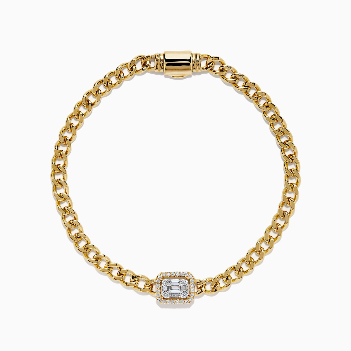 The D'Oro 14K Yellow Gold Diamond Bracelet features a rectangular diamond-accented centerpiece on a gold chain, bordered with additional gems and secured by a sleek cylindrical clasp.