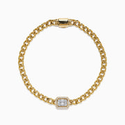 The D'Oro 14K Yellow Gold Diamond Bracelet features a rectangular diamond-accented centerpiece on a gold chain, bordered with additional gems and secured by a sleek cylindrical clasp.