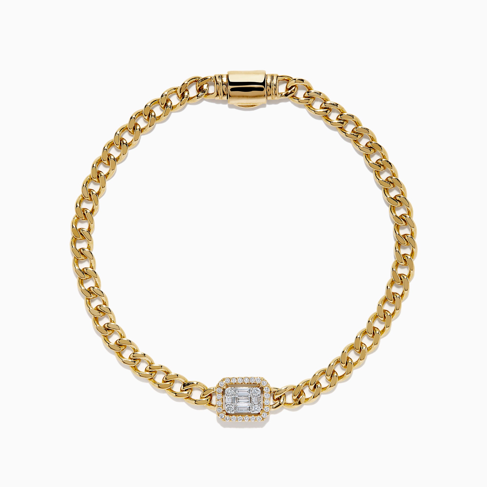 The D'Oro 14K Yellow Gold Diamond Bracelet features a rectangular diamond-accented centerpiece on a gold chain, bordered with additional gems and secured by a sleek cylindrical clasp.