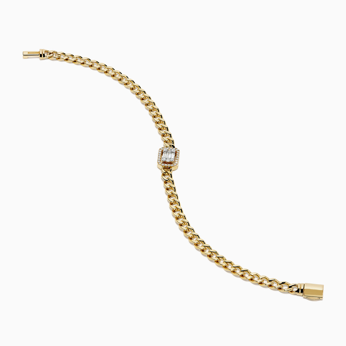 The D'Oro 14K Yellow Gold Diamond Bracelet features a rectangular diamond-accented centerpiece on a gold chain, bordered with additional gems and secured by a sleek cylindrical clasp.