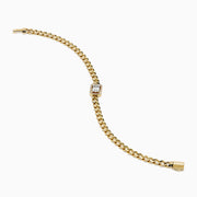 The D'Oro 14K Yellow Gold Diamond Bracelet features a rectangular diamond-accented centerpiece on a gold chain, bordered with additional gems and secured by a sleek cylindrical clasp.