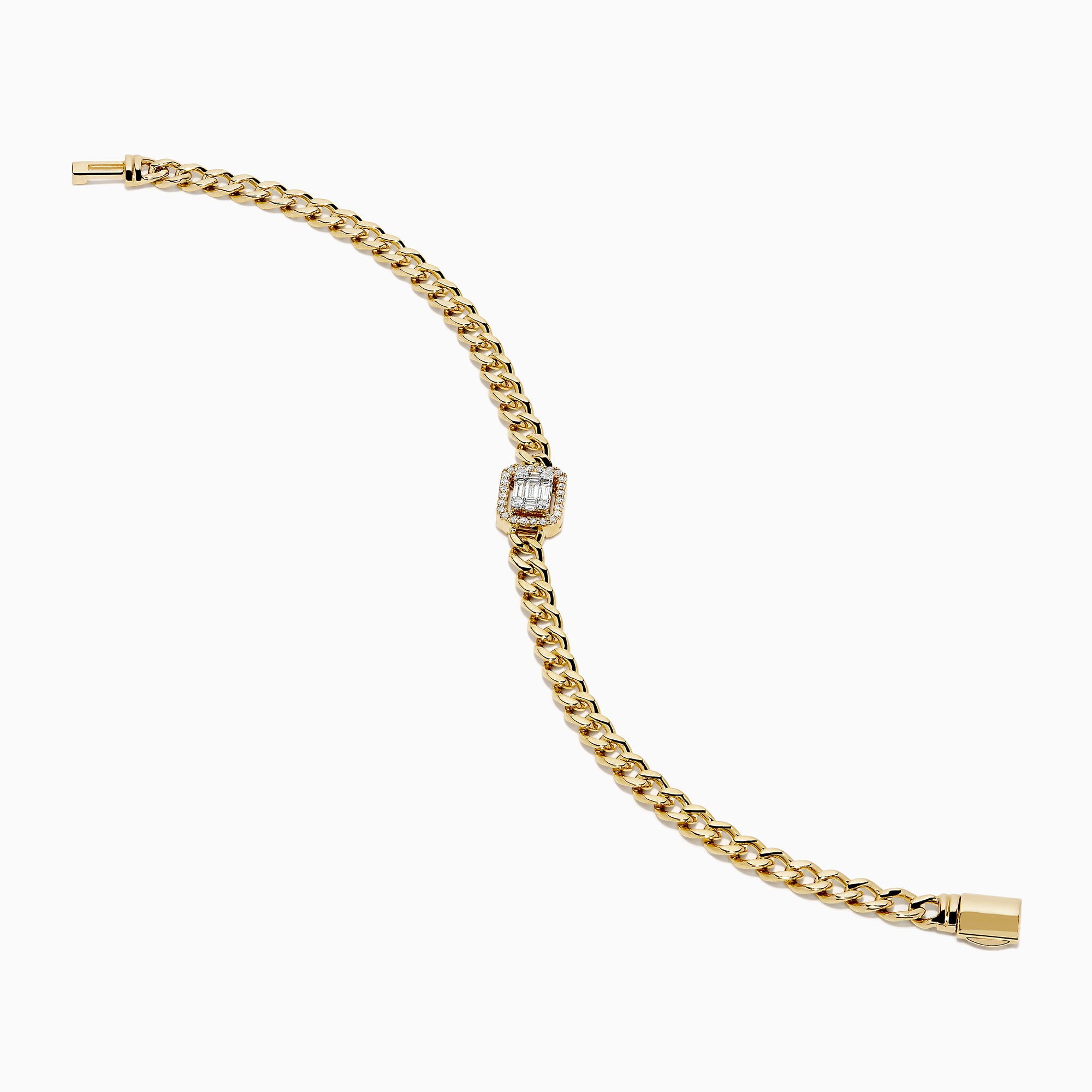 The D'Oro 14K Yellow Gold Diamond Bracelet features a rectangular diamond-accented centerpiece on a gold chain, bordered with additional gems and secured by a sleek cylindrical clasp.