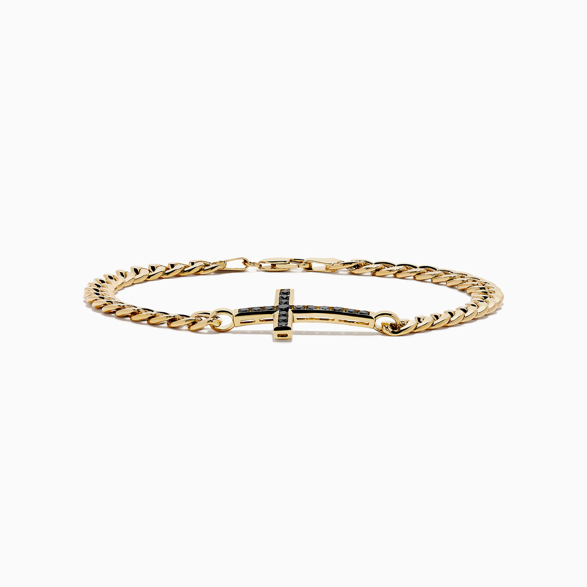 The Men's 14K Yellow Gold Black Diamond Cross Bracelet features a centered cross set with small black diamonds, shown on a white background.