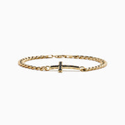 The Men's 14K Yellow Gold Black Diamond Cross Bracelet features a centered cross set with small black diamonds, shown on a white background.