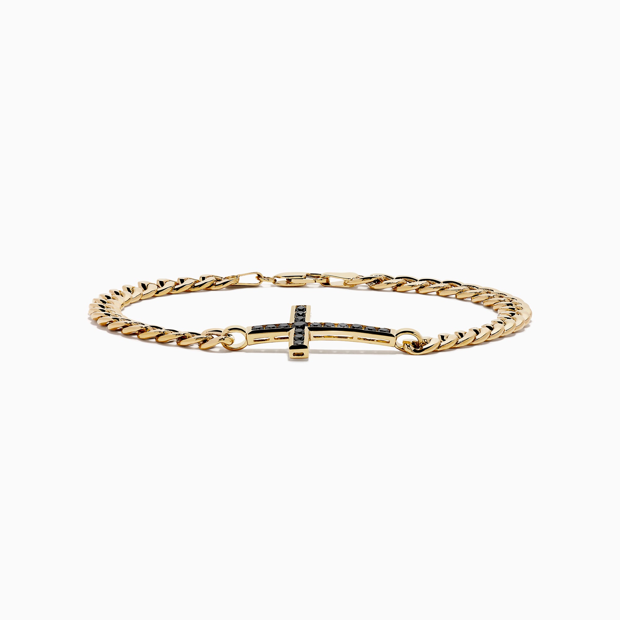 The Men's 14K Yellow Gold Black Diamond Cross Bracelet features a centered cross set with small black diamonds, shown on a white background.