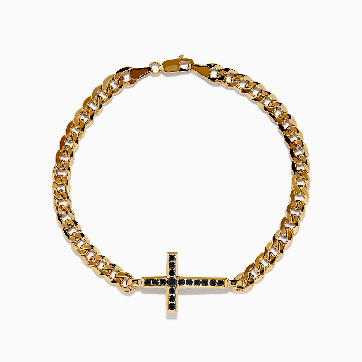 The Men's 14K Yellow Gold Black Diamond Cross Bracelet features a centered cross set with small black diamonds, shown on a white background.