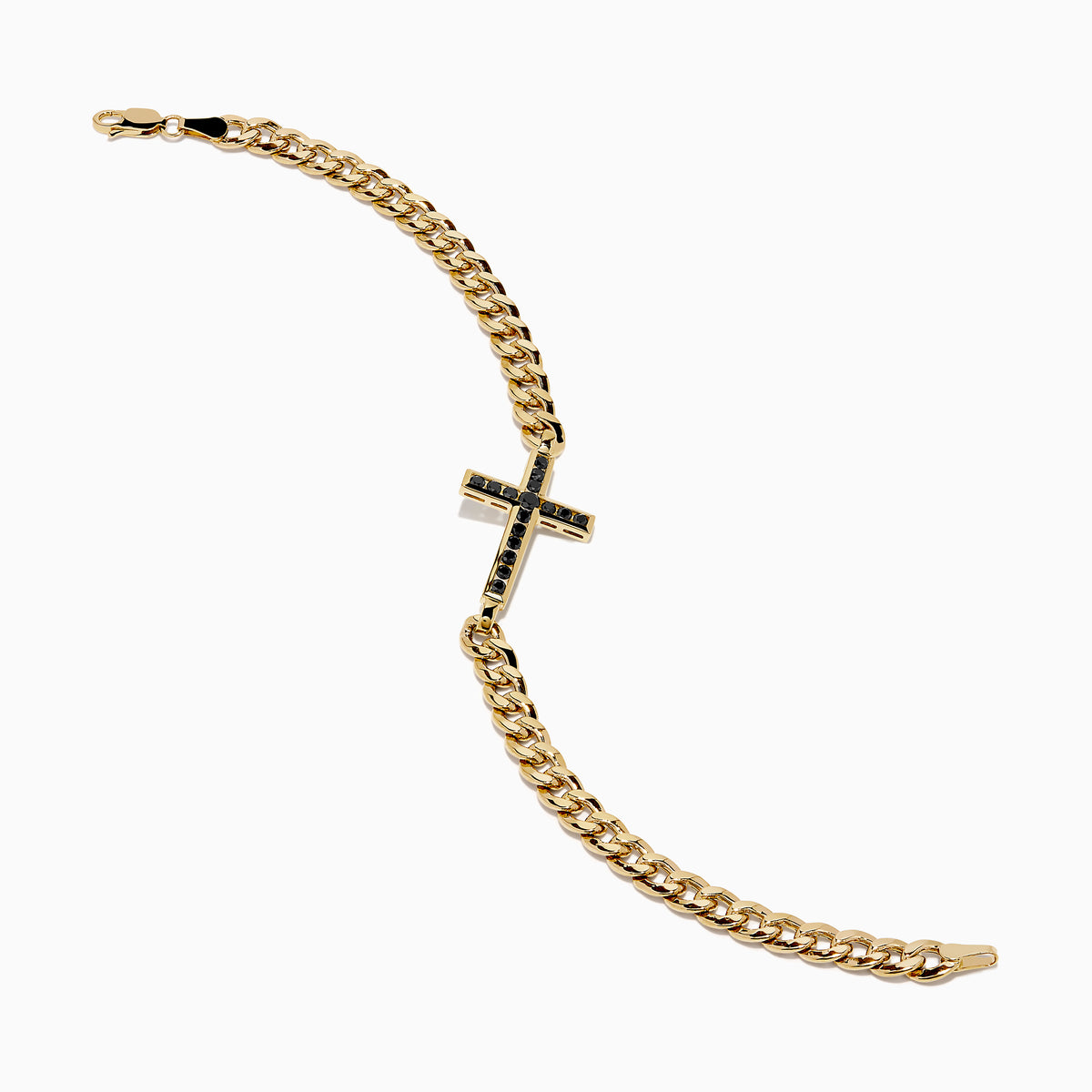 The Men's 14K Yellow Gold Black Diamond Cross Bracelet features a centered cross set with small black diamonds, shown on a white background.