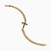 The Men's 14K Yellow Gold Black Diamond Cross Bracelet features a centered cross set with small black diamonds, shown on a white background.