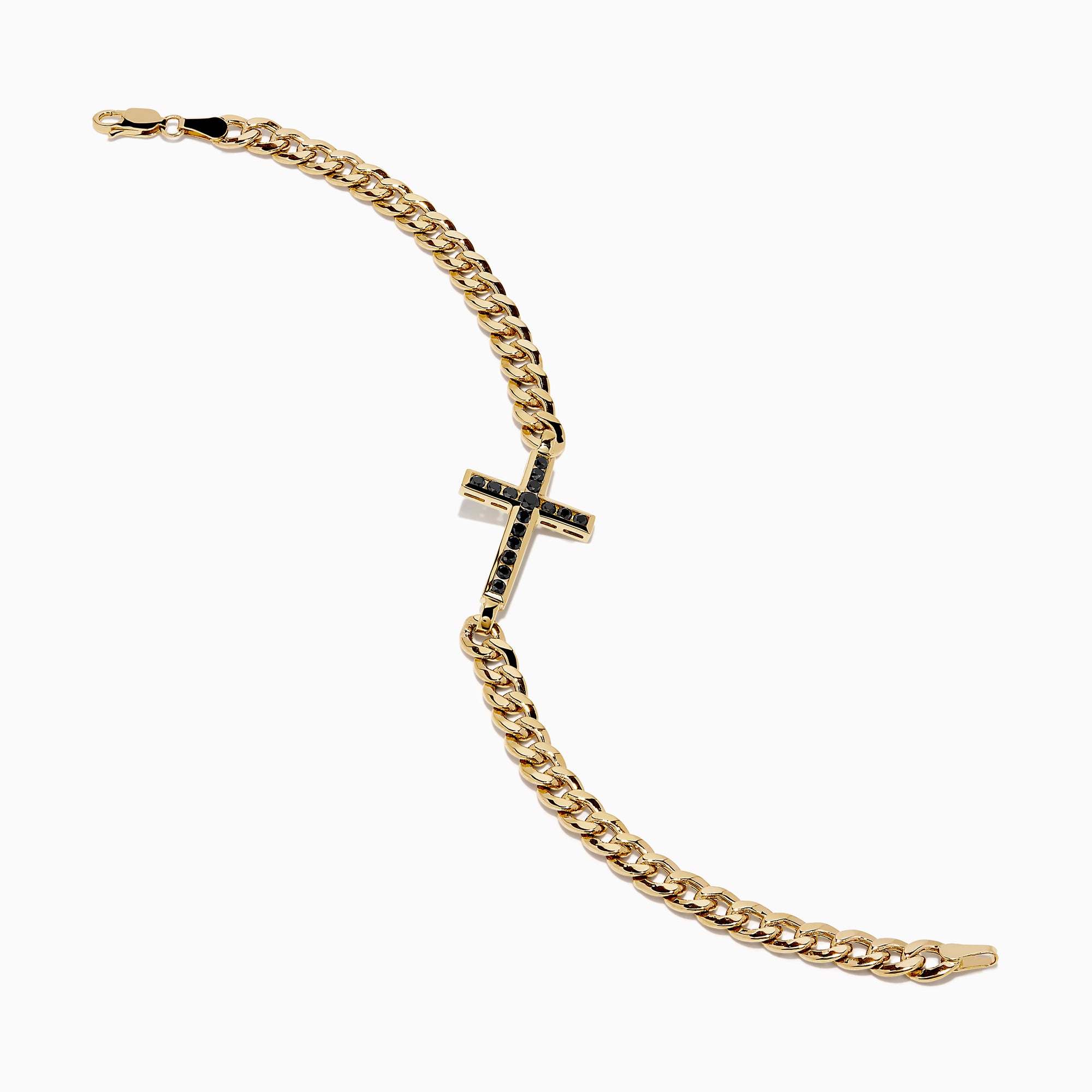The Men's 14K Yellow Gold Black Diamond Cross Bracelet features a centered cross set with small black diamonds, shown on a white background.