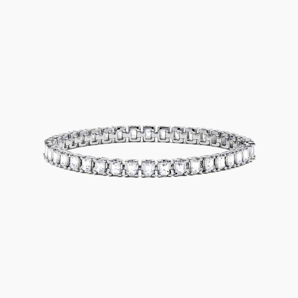 The 18K White Gold Diamond Tennis Bracelet features a continuous row of square-cut diamonds in an elegant design set against a white background.