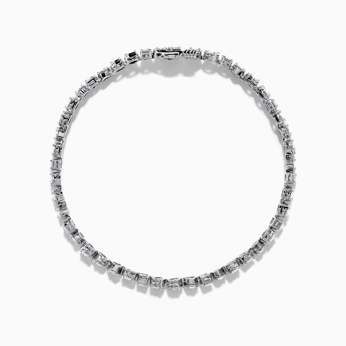 The 18K White Gold Diamond Tennis Bracelet features a continuous row of square-cut diamonds in an elegant design set against a white background.